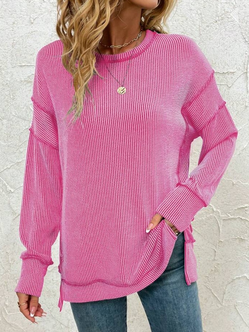 Relaxed Pink Ribbed Knit Women's Sweater